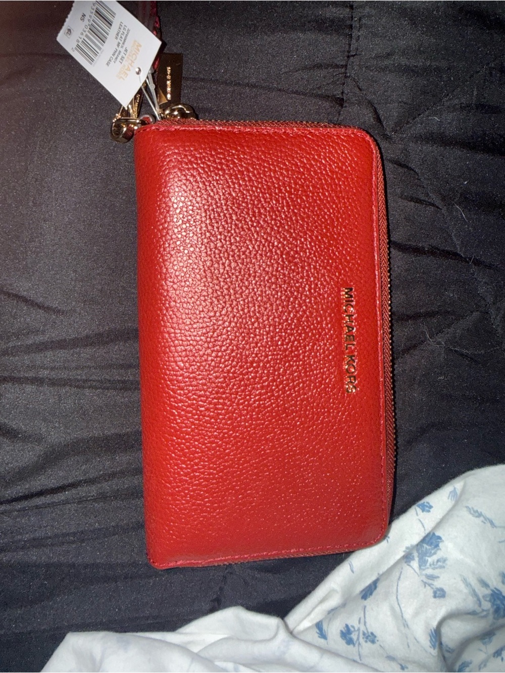 Michael Kors Red Pebbled Zip-Around Wallet with Gold Tone Logo